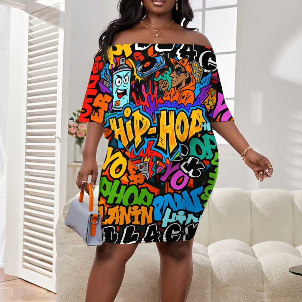 Hip Hop Graffiti African Off Shoulder Short Dress Black Melanin Text and Urban Street Art - African Pride