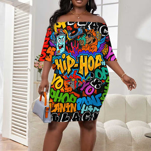 Hip Hop Graffiti African Off Shoulder Short Dress Black Melanin Text and Urban Street Art - African Pride