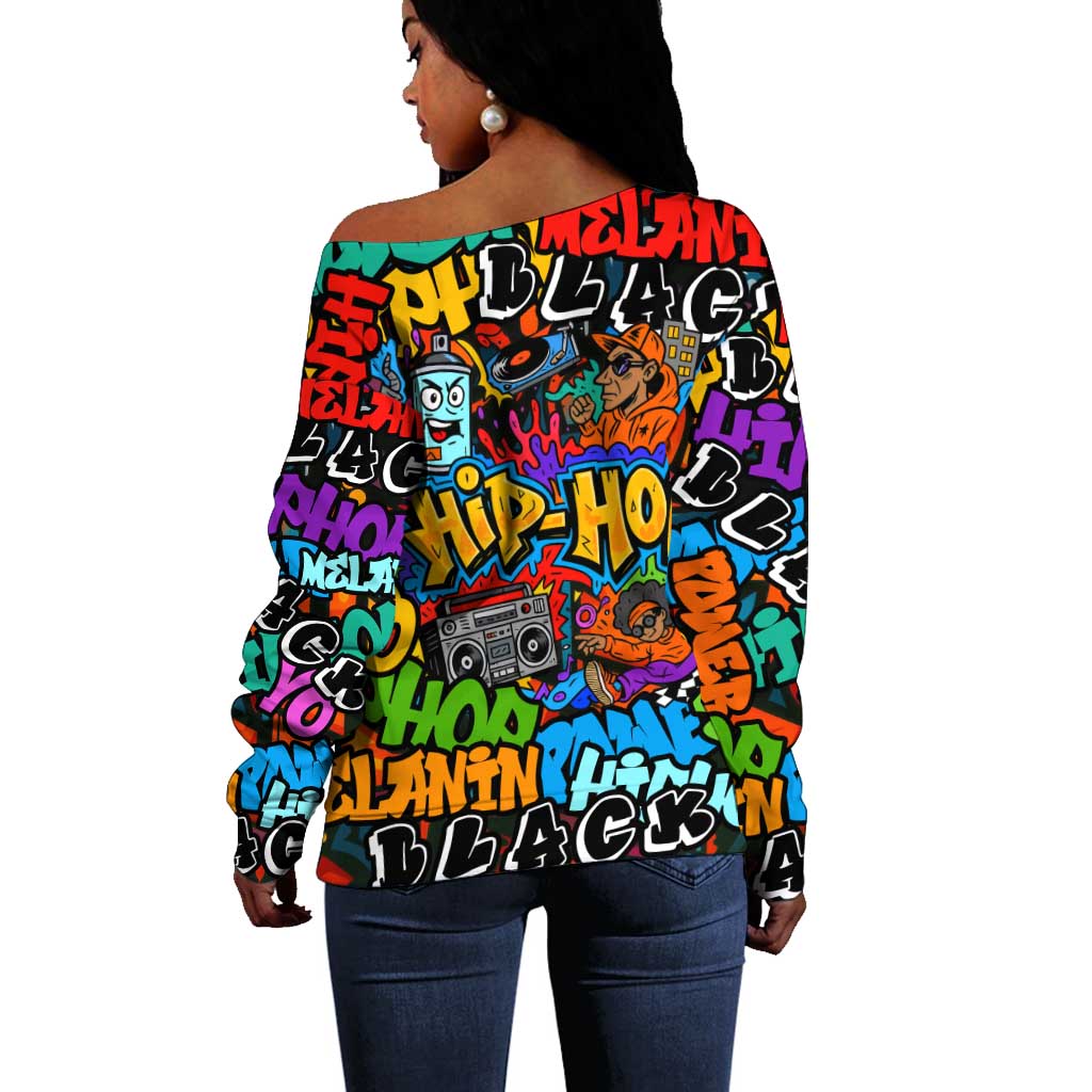 Hip Hop Graffiti African Off Shoulder Sweater Black Melanin Text and Urban Street Art - African Pride