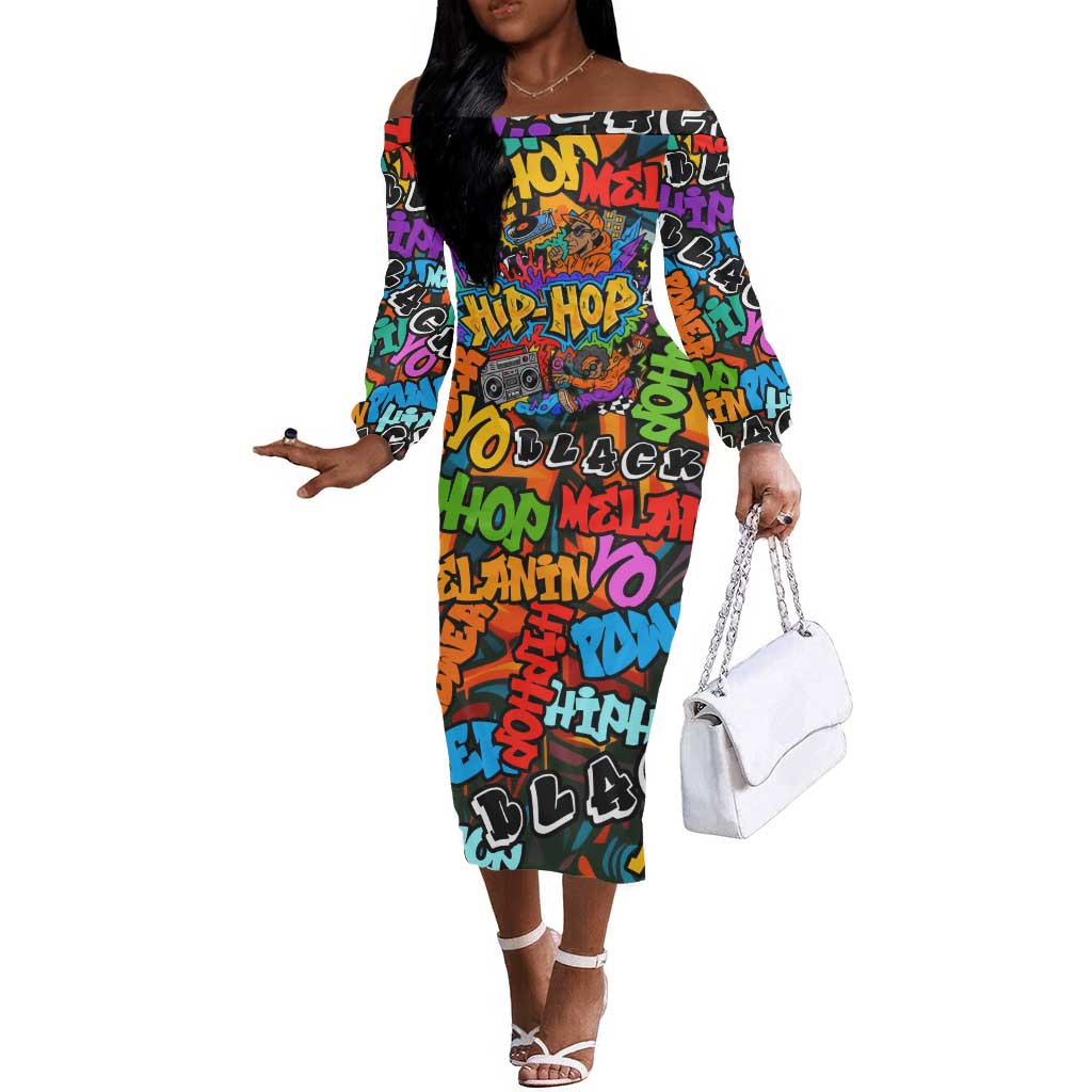 Hip Hop Graffiti African Off The Shoulder Long Sleeve Dress Black Melanin Text and Urban Street Art - African Pride
