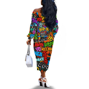 Hip Hop Graffiti African Off The Shoulder Long Sleeve Dress Black Melanin Text and Urban Street Art - African Pride