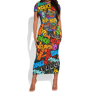 Hip Hop Graffiti African Short Sleeve Bodycon Dress Black Melanin Text and Urban Street Art - African Pride