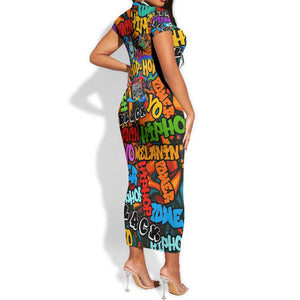 Hip Hop Graffiti African Short Sleeve Bodycon Dress Black Melanin Text and Urban Street Art - African Pride