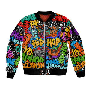 Hip Hop Graffiti African Sleeve Zip Bomber Jacket Black Melanin Text and Urban Street Art - African Pride