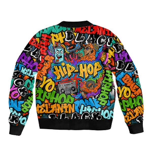 Hip Hop Graffiti African Sleeve Zip Bomber Jacket Black Melanin Text and Urban Street Art - African Pride