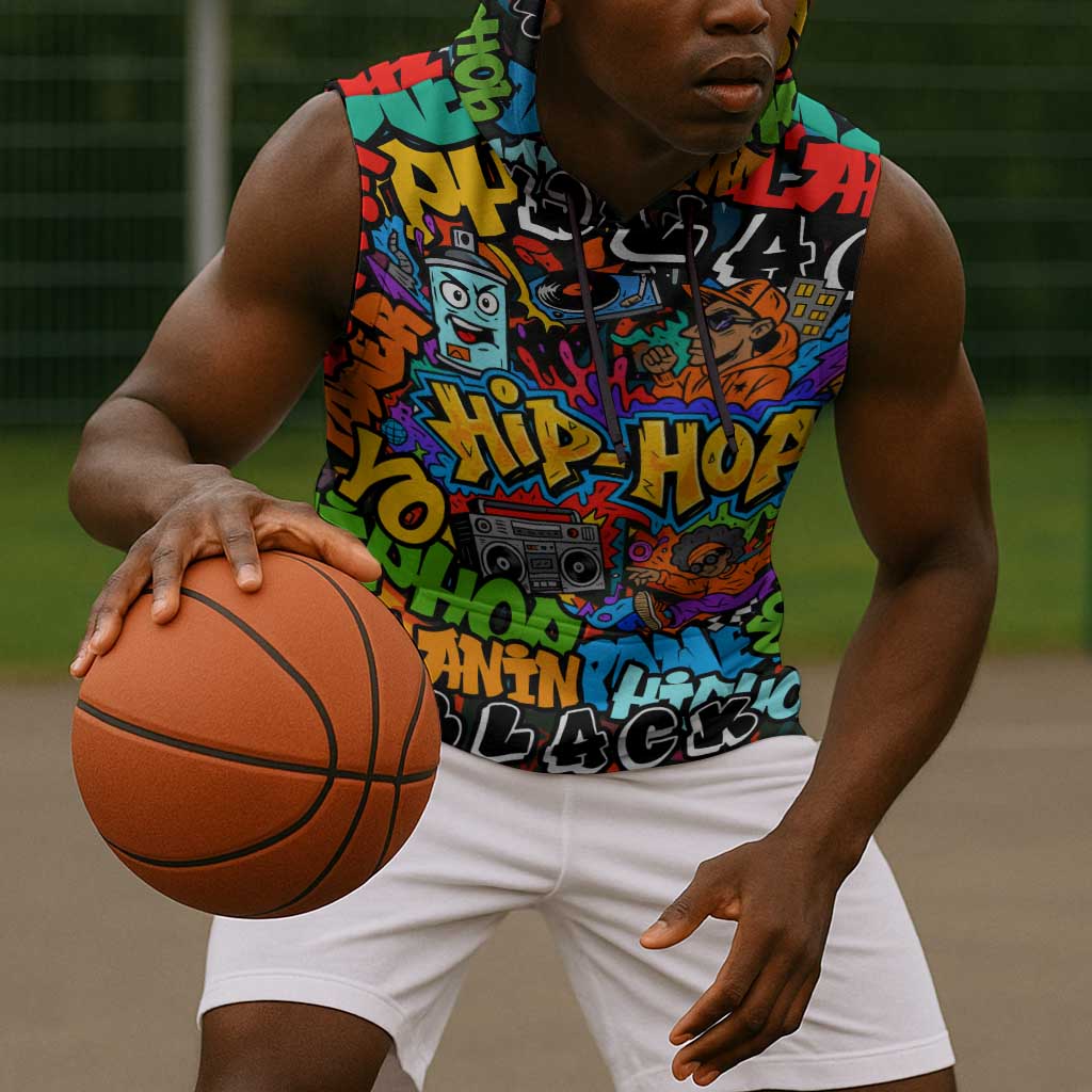 Hip Hop Graffiti African Sleeveless Hoodie Black Melanin Text and Urban Street Art - African Pride