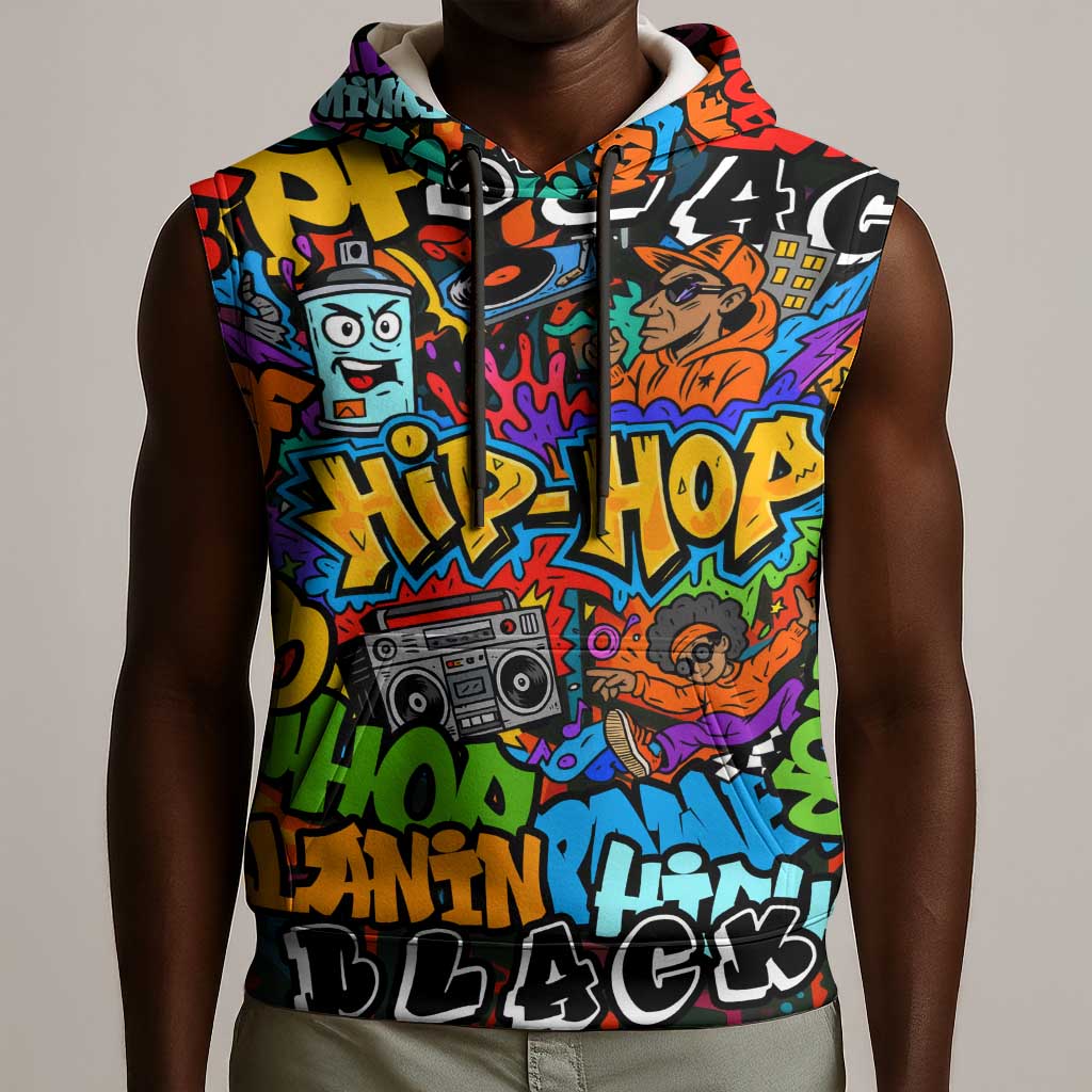 Hip Hop Graffiti African Sleeveless Hoodie Black Melanin Text and Urban Street Art - African Pride