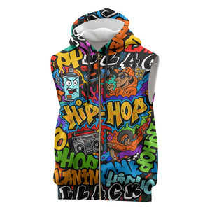 Hip Hop Graffiti African Sleeveless Zip Hoodie Black Melanin Text and Urban Street Art - African Pride