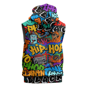 Hip Hop Graffiti African Sleeveless Zip Hoodie Black Melanin Text and Urban Street Art - African Pride