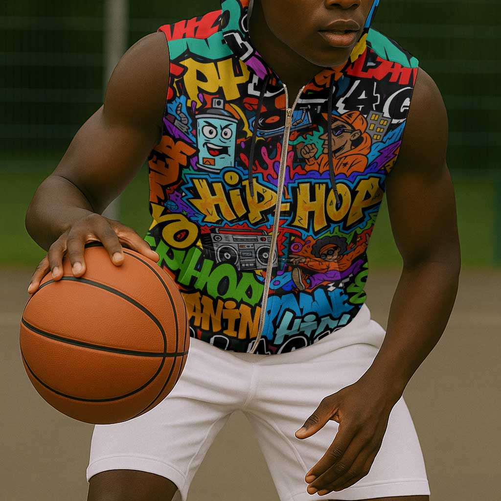 Hip Hop Graffiti African Sleeveless Zip Hoodie Black Melanin Text and Urban Street Art - African Pride