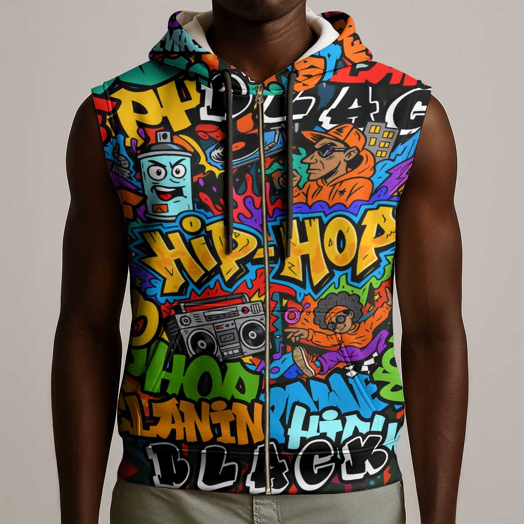 Hip Hop Graffiti African Sleeveless Zip Hoodie Black Melanin Text and Urban Street Art - African Pride