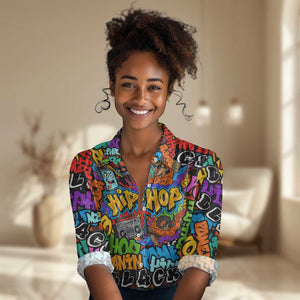 Hip Hop Graffiti African Women Casual Shirt Black Melanin Text and Urban Street Art - African Pride