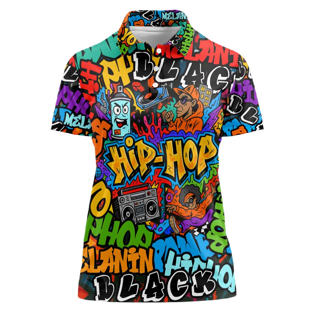 Hip Hop Graffiti African Women Polo Shirt Black Melanin Text and Urban Street Art - African Pride