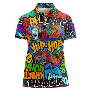 Hip Hop Graffiti African Women Polo Shirt Black Melanin Text and Urban Street Art - African Pride