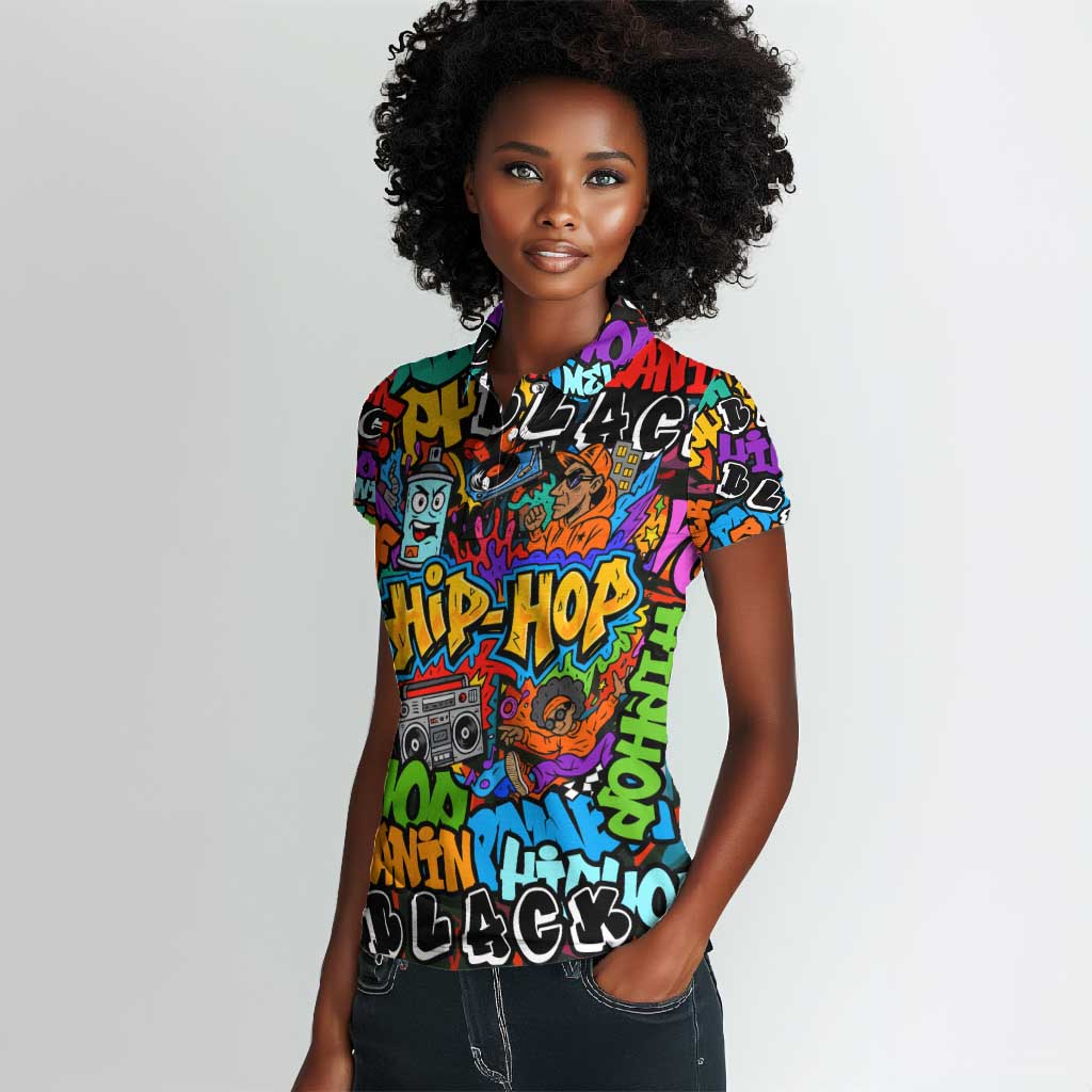 Hip Hop Graffiti African Women Polo Shirt Black Melanin Text and Urban Street Art - African Pride