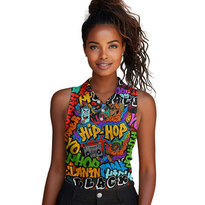 Hip Hop Graffiti African Women Sleeveless Polo Shirt Black Melanin Text and Urban Street Art - African Pride