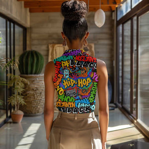 Hip Hop Graffiti African Women Sleeveless Polo Shirt Black Melanin Text and Urban Street Art - African Pride