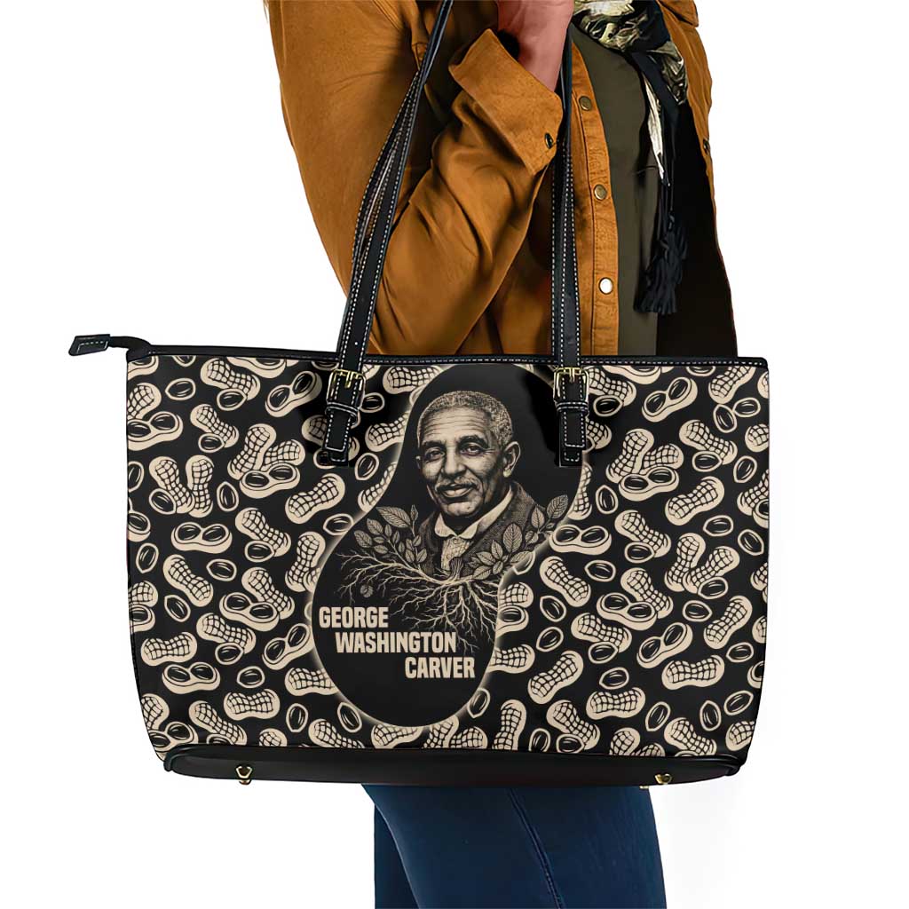 George Washington Carver Leather Tote Bag Peanut From Soil Comes Knowledge Quote and Agricultural Roots - African Pride