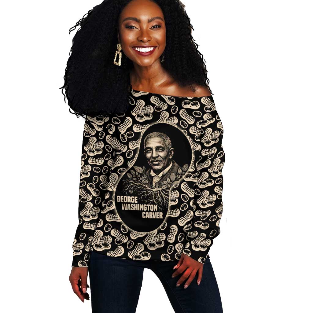 George Washington Carver Off Shoulder Sweater Peanut From Soil Comes Knowledge Quote and Agricultural Roots - African Pride