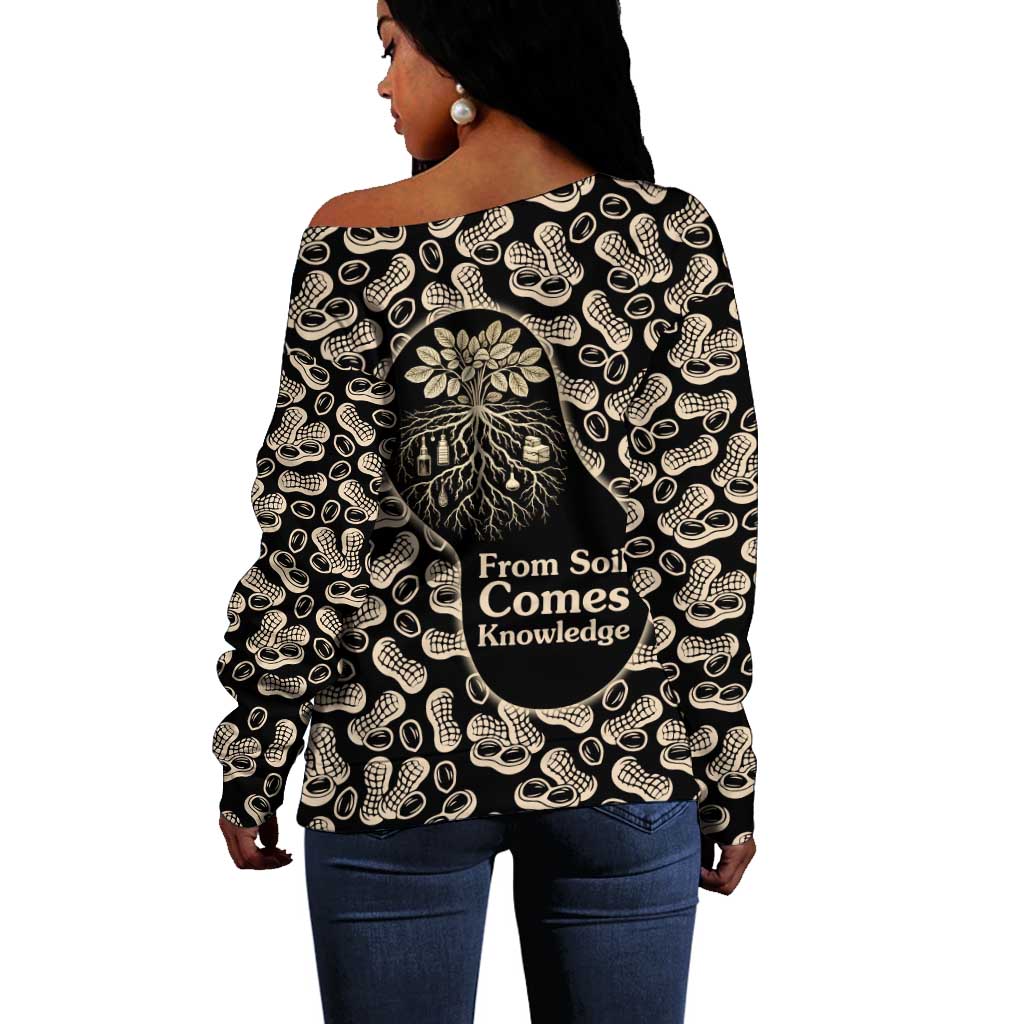 George Washington Carver Off Shoulder Sweater Peanut From Soil Comes Knowledge Quote and Agricultural Roots - African Pride