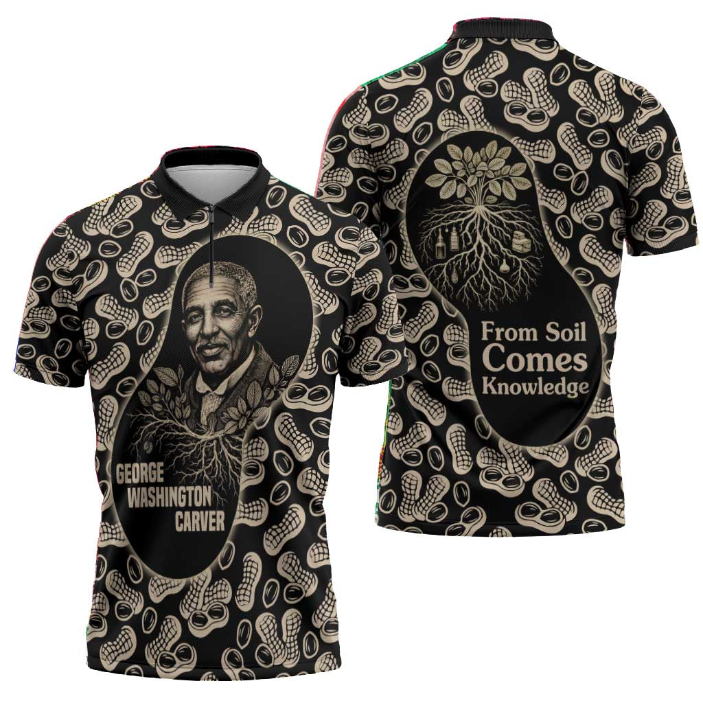 George Washington Carver Zipper Polo Shirt Peanut From Soil Comes Knowledge Quote and Agricultural Roots - African Pride