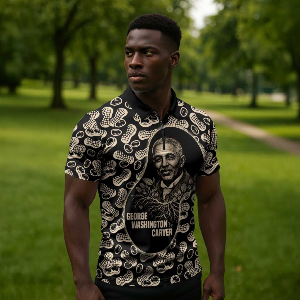 George Washington Carver Zipper Polo Shirt Peanut From Soil Comes Knowledge Quote and Agricultural Roots - African Pride