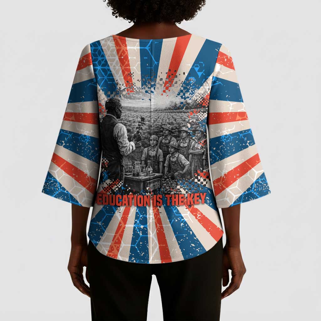 George Washington Carver Kimono Sleeve Blouse with Science Teaching Scene, Education Is the Key Quote - African Pride