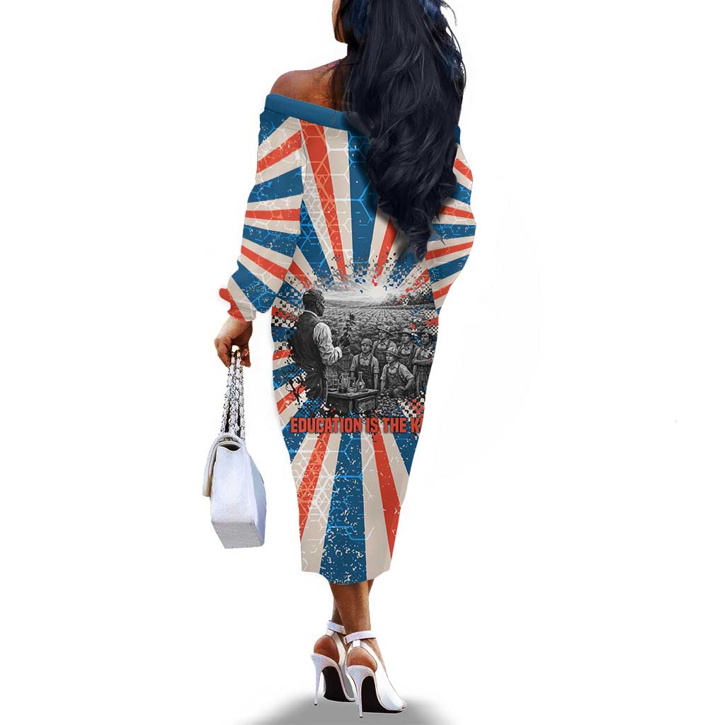 George Washington Carver Off The Shoulder Long Sleeve Dress with Science Teaching Scene, Education Is the Key Quote - African Pride