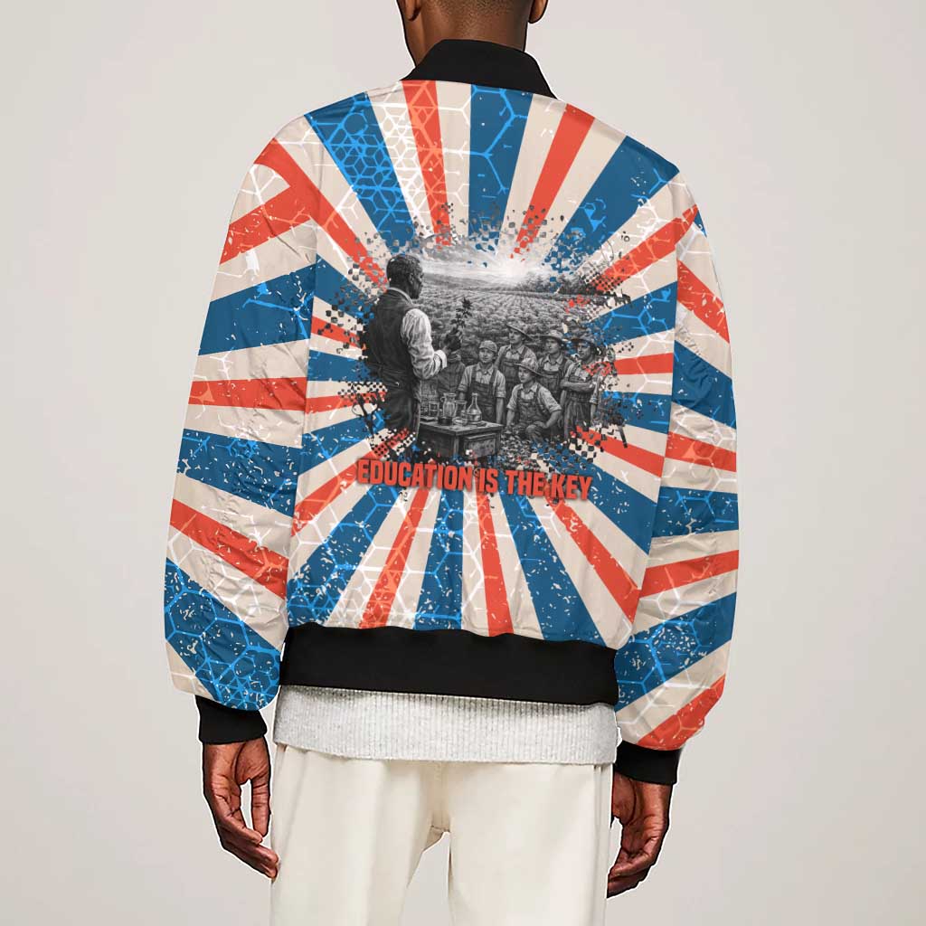 George Washington Carver Sleeve Zip Bomber Jacket with Science Teaching Scene, Education Is the Key Quote - African Pride