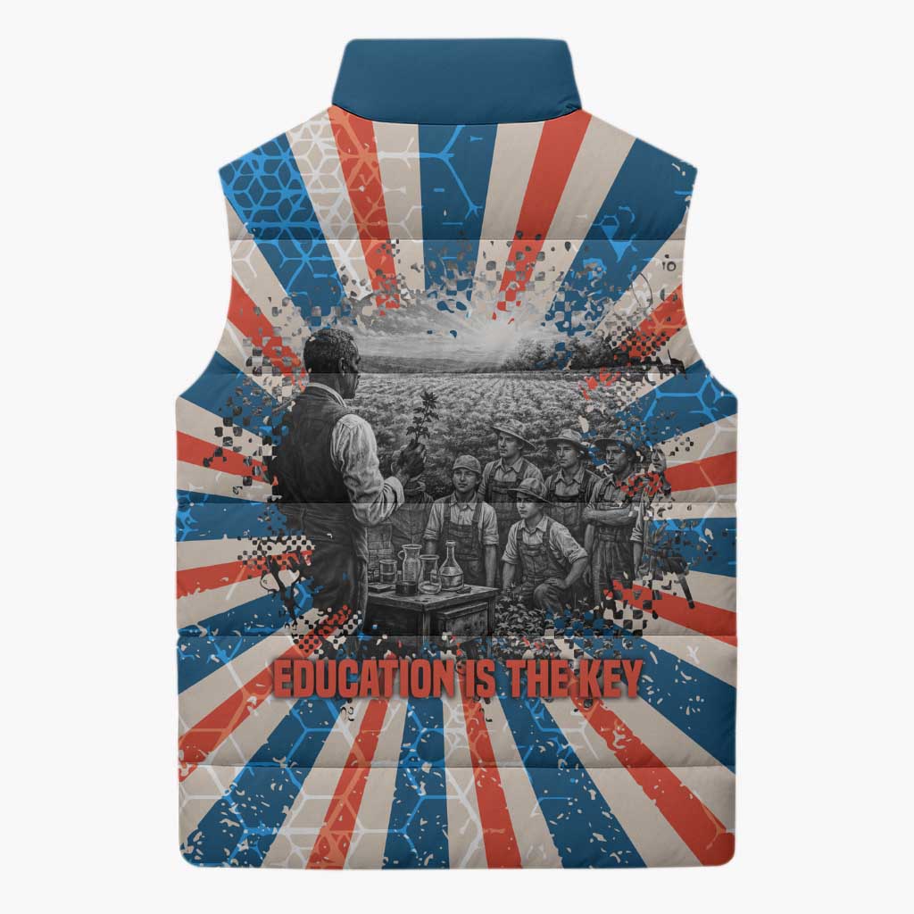 George Washington Carver Sleeveless Puffer Jacket with Science Teaching Scene, Education Is the Key Quote - African Pride