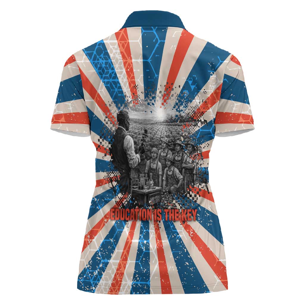 George Washington Carver Women Polo Shirt with Science Teaching Scene, Education Is the Key Quote - African Pride