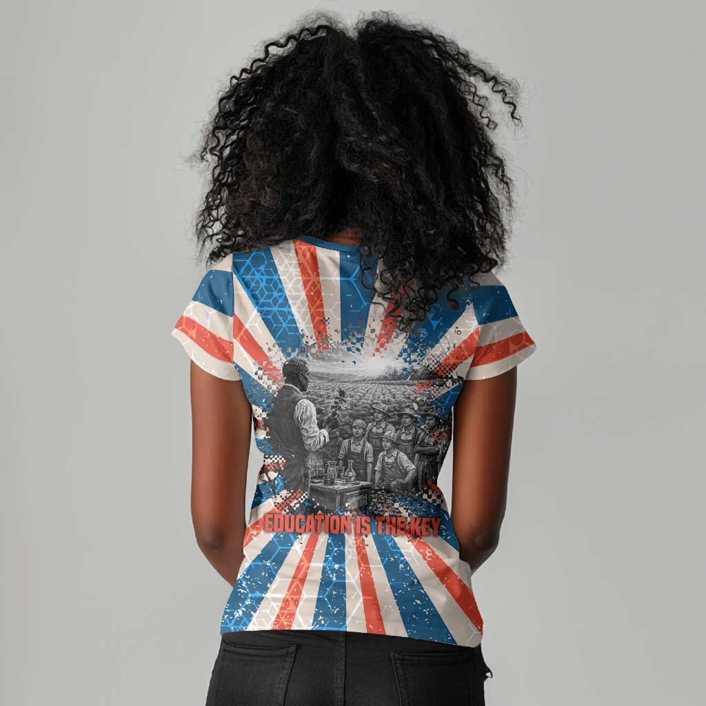George Washington Carver Women V-Neck T-Shirt with Science Teaching Scene, Education Is the Key Quote - African Pride