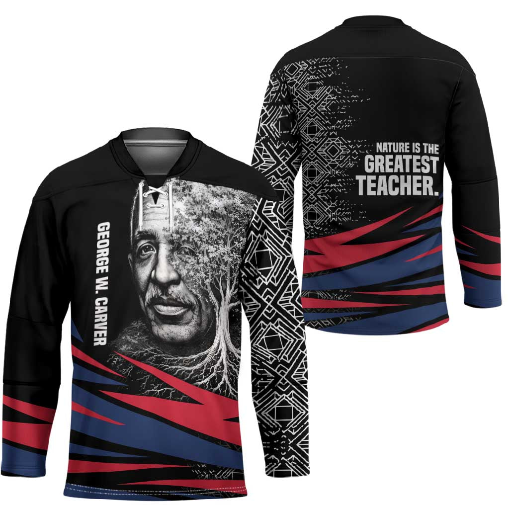 George Washington Carver Hockey Jersey with Tree Portrait Illustration, Nature Is the Greatest Teacher Quote - African Pride