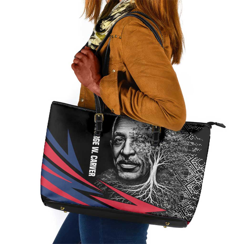 George Washington Carver Leather Tote Bag with Tree Portrait Illustration, Nature Is the Greatest Teacher Quote - African Pride