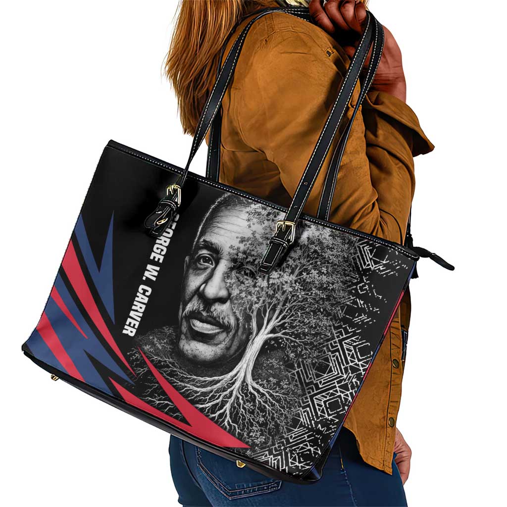 George Washington Carver Leather Tote Bag with Tree Portrait Illustration, Nature Is the Greatest Teacher Quote - African Pride
