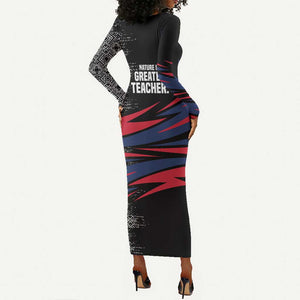 George Washington Carver Long Sleeve Bodycon Dress with Tree Portrait Illustration, Nature Is the Greatest Teacher Quote - African Pride