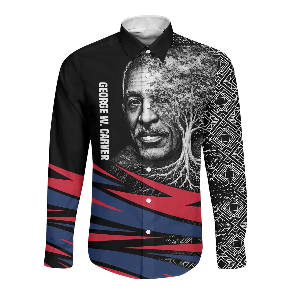 George Washington Carver Long Sleeve Button Shirt with Tree Portrait Illustration, Nature Is the Greatest Teacher Quote - African Pride