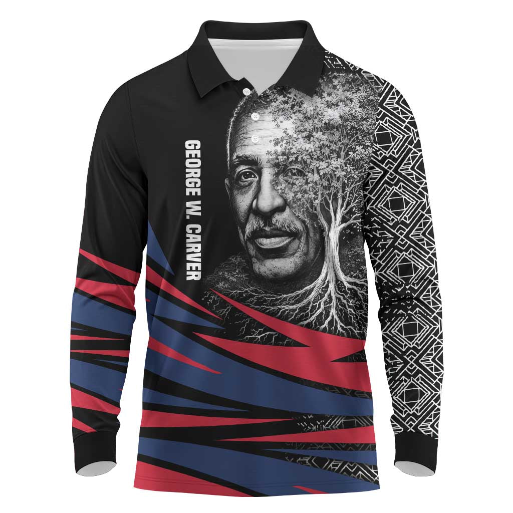 George Washington Carver Long Sleeve Polo Shirt with Tree Portrait Illustration, Nature Is the Greatest Teacher Quote - African Pride