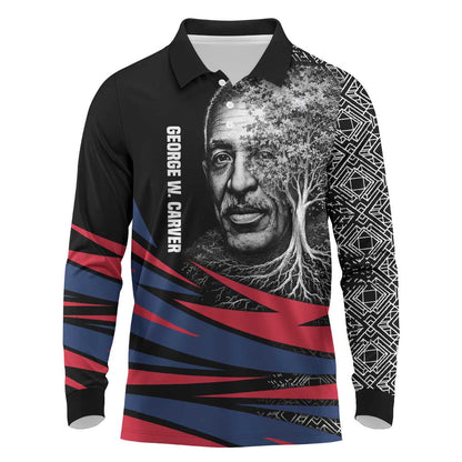 George Washington Carver Long Sleeve Polo Shirt with Tree Portrait Illustration, Nature Is the Greatest Teacher Quote - African Pride