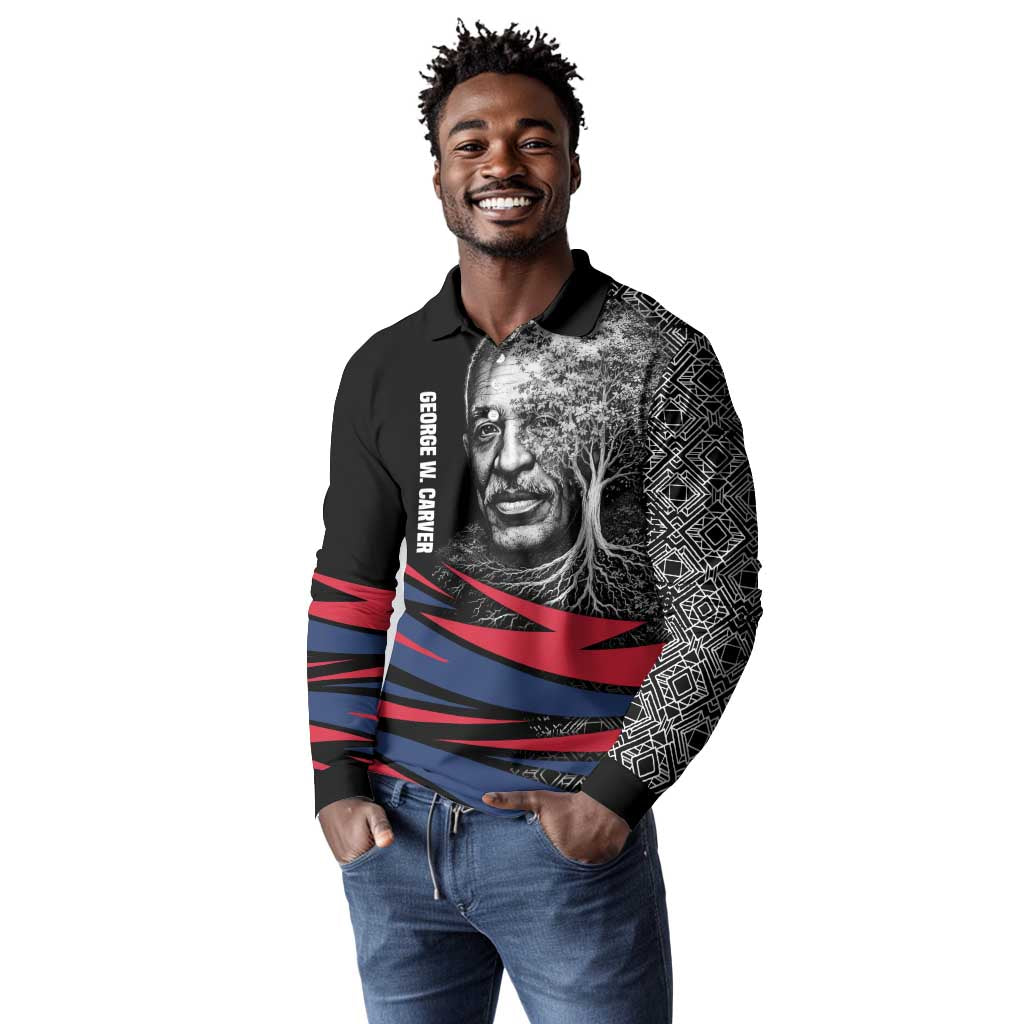 George Washington Carver Long Sleeve Polo Shirt with Tree Portrait Illustration, Nature Is the Greatest Teacher Quote - African Pride