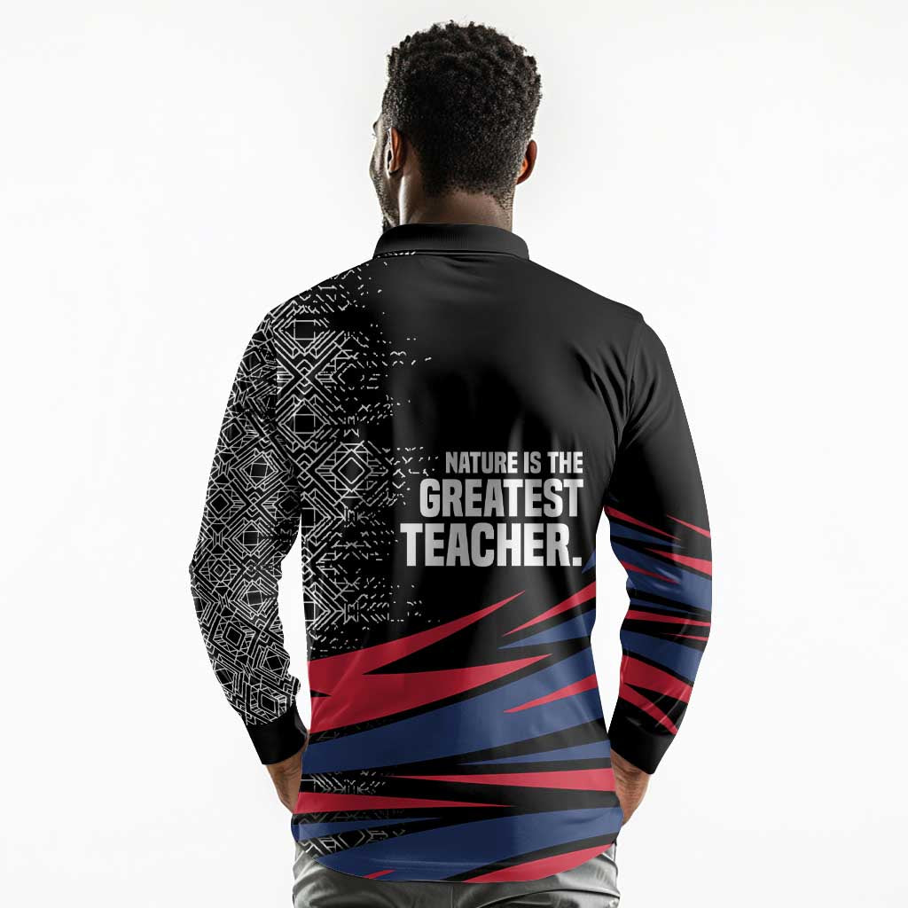 George Washington Carver Long Sleeve Polo Shirt with Tree Portrait Illustration, Nature Is the Greatest Teacher Quote - African Pride