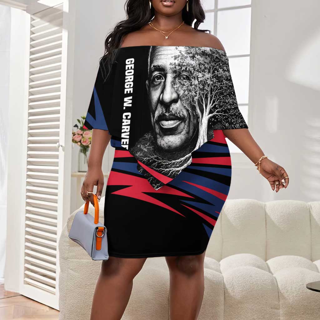 George Washington Carver Off Shoulder Short Dress with Tree Portrait Illustration, Nature Is the Greatest Teacher Quote - African Pride
