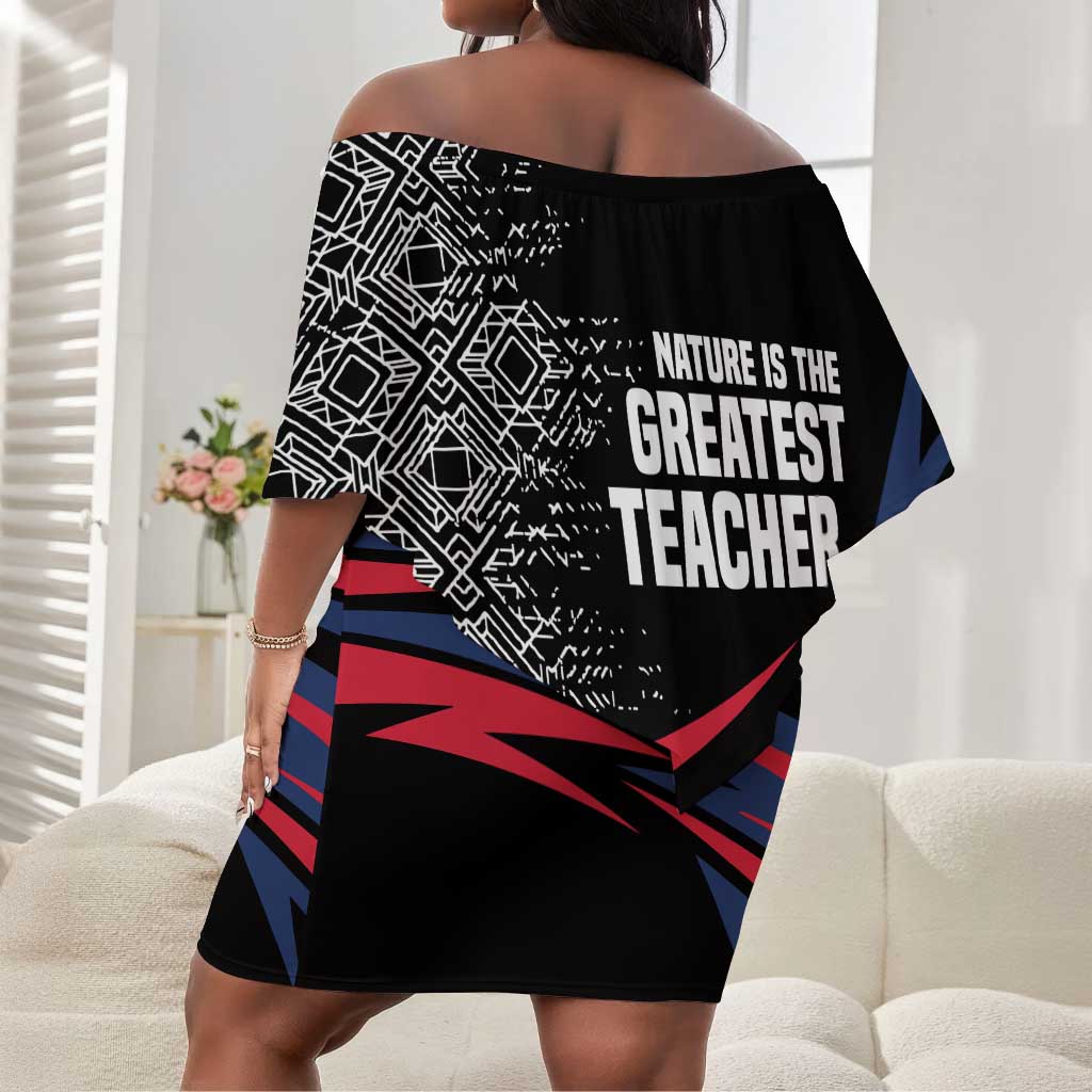 George Washington Carver Off Shoulder Short Dress with Tree Portrait Illustration, Nature Is the Greatest Teacher Quote - African Pride