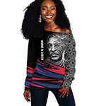 George Washington Carver Off Shoulder Sweater with Tree Portrait Illustration, Nature Is the Greatest Teacher Quote - African Pride