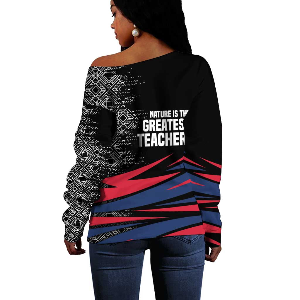 George Washington Carver Off Shoulder Sweater with Tree Portrait Illustration, Nature Is the Greatest Teacher Quote - African Pride