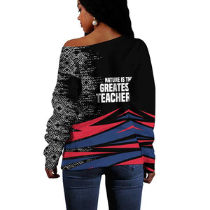 George Washington Carver Off Shoulder Sweater with Tree Portrait Illustration, Nature Is the Greatest Teacher Quote - African Pride