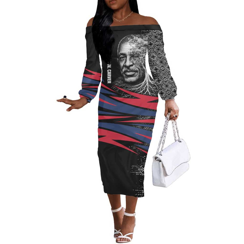 George Washington Carver Off The Shoulder Long Sleeve Dress with Tree Portrait Illustration, Nature Is the Greatest Teacher Quote - African Pride