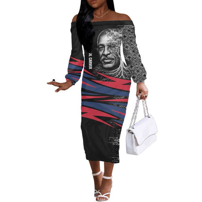 George Washington Carver Off The Shoulder Long Sleeve Dress with Tree Portrait Illustration, Nature Is the Greatest Teacher Quote - African Pride