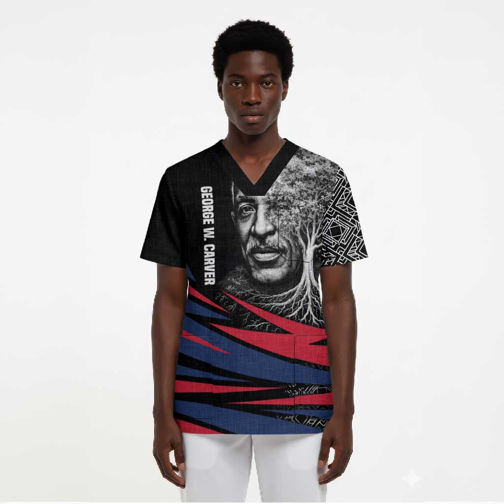 George Washington Carver Scrub Top with Tree Portrait Illustration, Nature Is the Greatest Teacher Quote - African Pride
