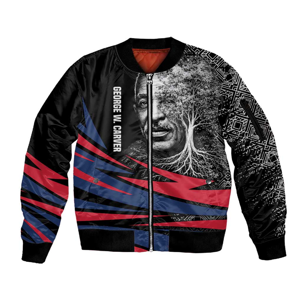 George Washington Carver Sleeve Zip Bomber Jacket with Tree Portrait Illustration, Nature Is the Greatest Teacher Quote - African Pride